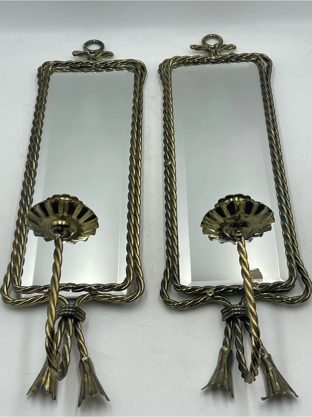 2 Mid Century Hollywood Regency Brass Rope & Tassel Mirrored Candle Wall Sconces